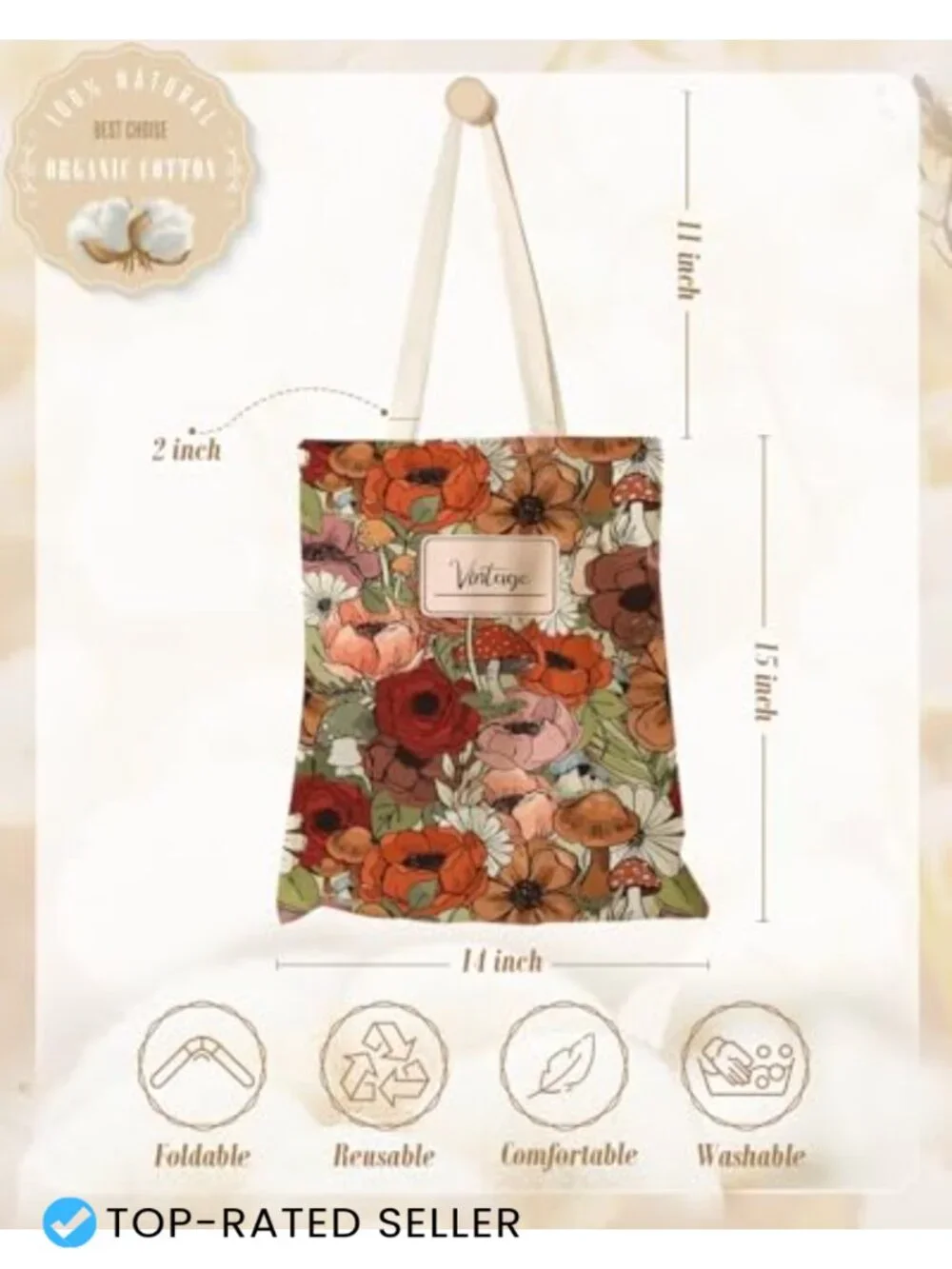 Canvas Tote Bag for Women with Zippered Inner Pocket